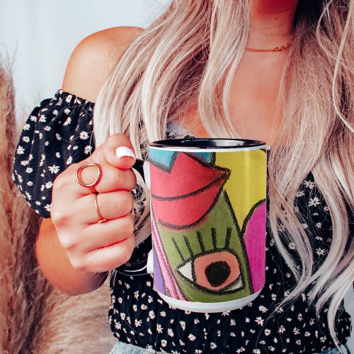 Abstract Face Bold Lips Eyes Colorful Artistic Fun Mug