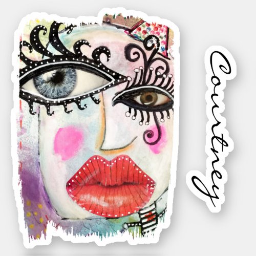 Abstract Face Colorful Art Fun Quirky  Add Name Sticker