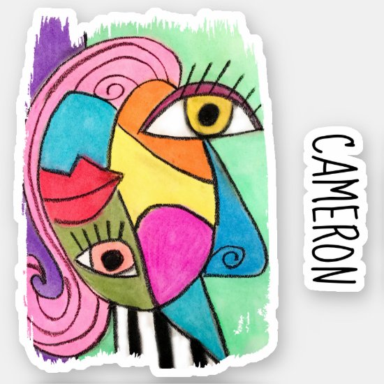 Abstract Face Colorful Art Fun Whimsical Add Name Sticker