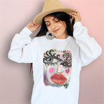 Abstract Face Colorful Cool Graffiti Whimsical Art Sweatshirt<br><div class="desc">This bright,  colorful design was created using my original collage art featuring a cool abstract face with big bold eyes,  neon pink cheeks and vibrant red lips in a grungy,  fun modern graffiti style purple background with a whimsical touch of black and white stripes.</div>