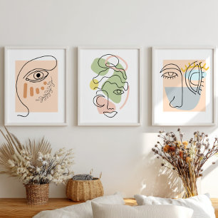 Abstract Face Illustrations Cubic Line Art BOHO Wall Art Sets