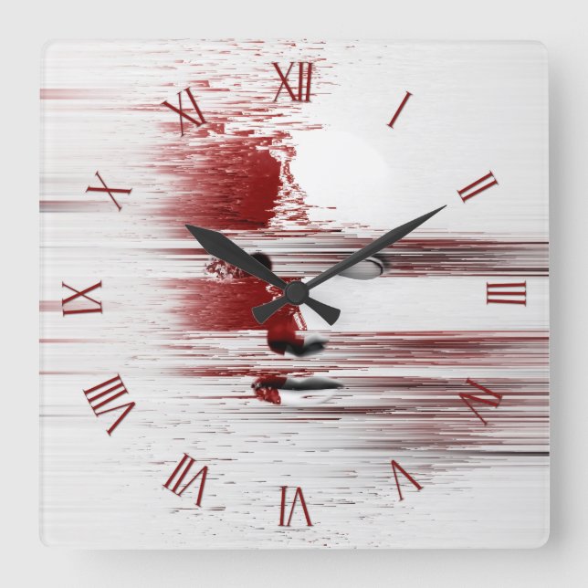 Abstract face in red square wall clock (Front)