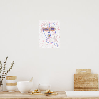 Abstract Face Line Art Wall Poster, Pink Splatter Poster