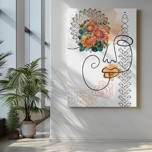 Abstract face line art with orange flower lips canvas print