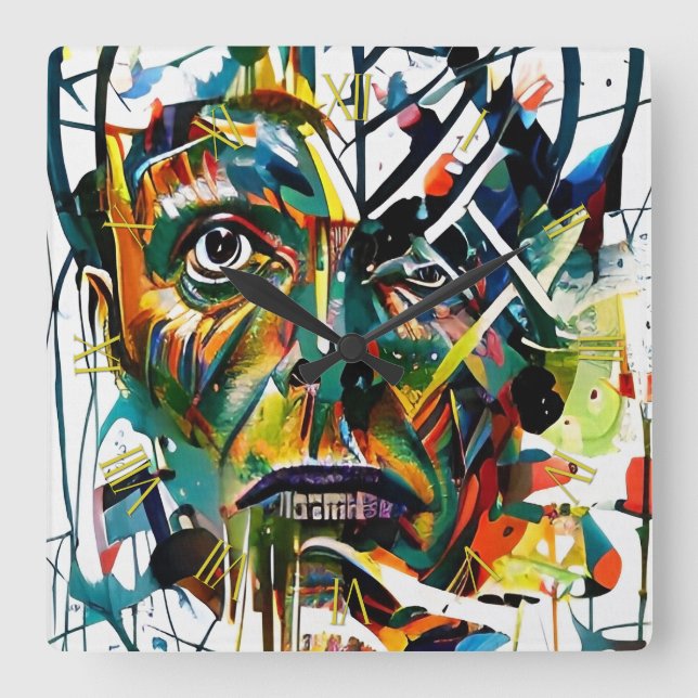Abstract face of an alien square wall clock (Front)
