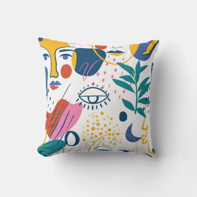 Abstract Faces and Botanical Harmony Throw Pillow (Front)