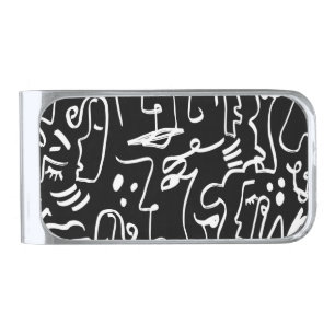 Abstract Faces Masks: Geometric Pattern Silver Finish Money Clip
