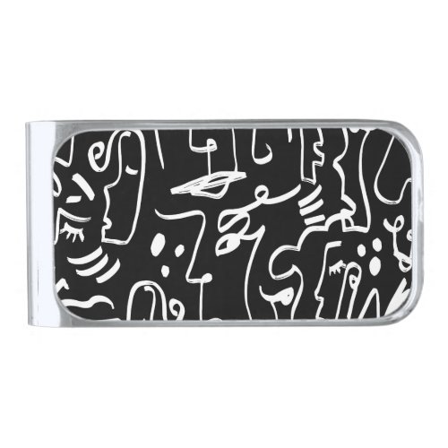 Abstract Faces Masks Geometric Pattern Silver Finish Money Clip