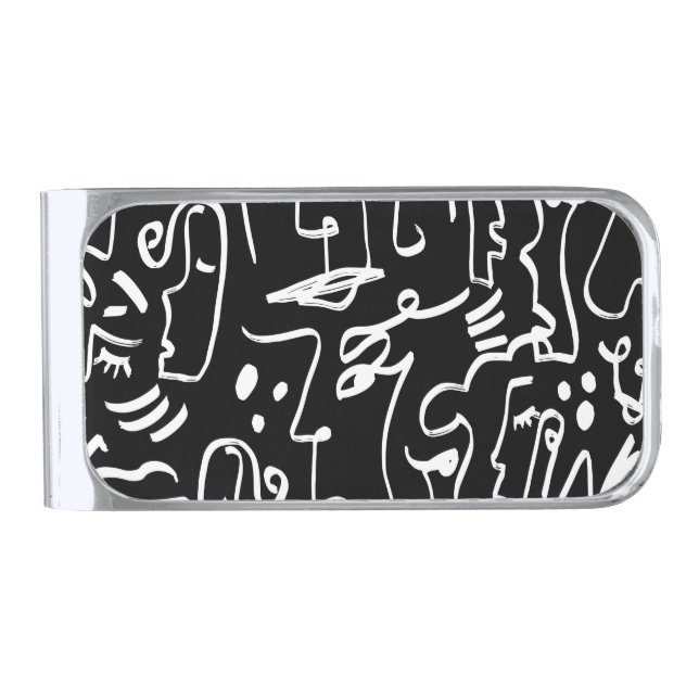 Abstract Faces Masks: Geometric Pattern Silver Finish Money Clip (Front)