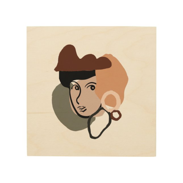 Abstract Facial Inky Lines Earth tones Neutral  Wood Wall Art (Front)