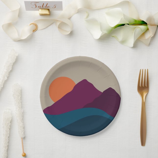 Abstract Fall Autumn Mountain Landscape Sunset  Paper Plates (Wedding)