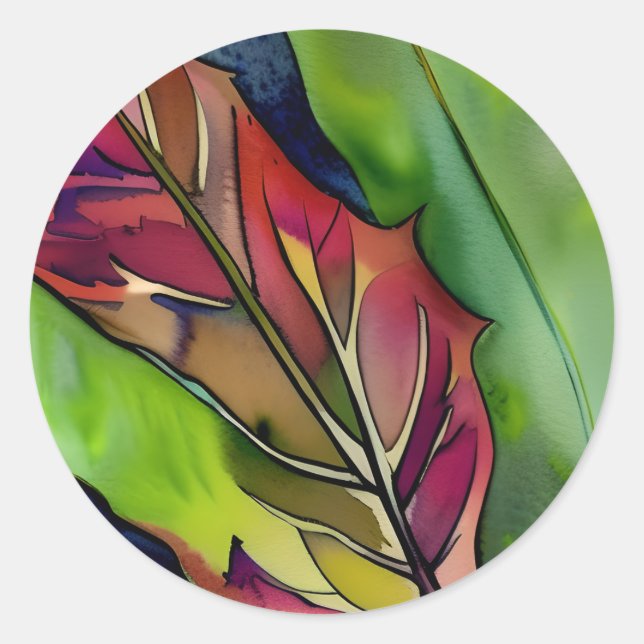 Abstract Fall Leaf Watercolor Art Classic Round Sticker (Front)
