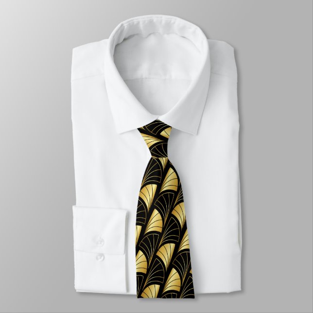Abstract Fan Gradient Gold Vector Pattern Black Neck Tie (Tied)