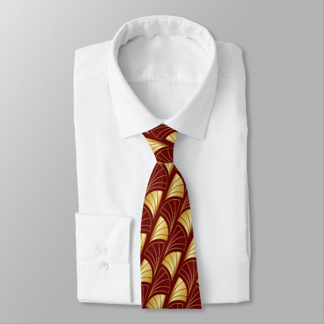 Abstract Fan Gradient Gold Vector Pattern Maroon Neck Tie (Tied)