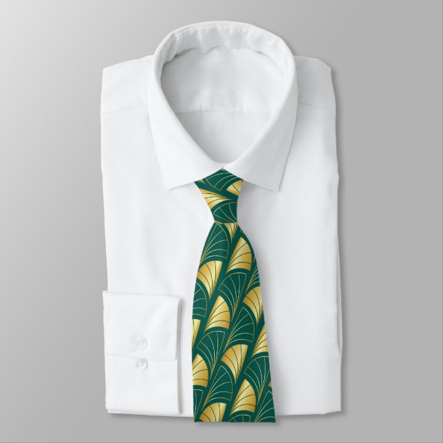 Abstract Fan Gradient Gold Vector Pattern Teal Neck Tie (Tied)