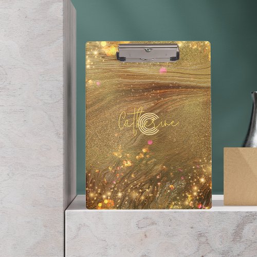 Abstract Fancy Trendy Gold Glitter Name  Monogram Clipboard