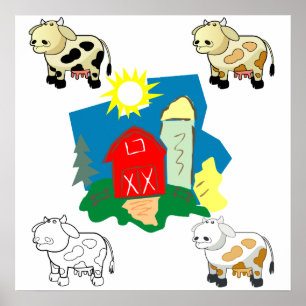 Abstract Farm and Cartoon Cows Poster
