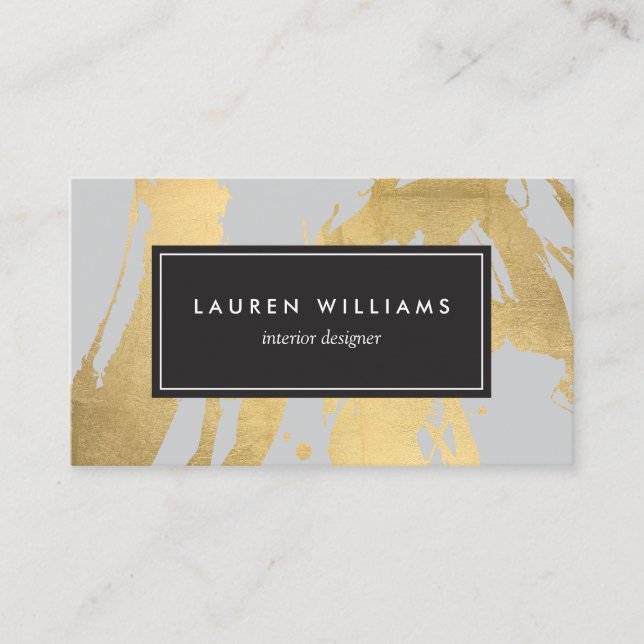 Abstract Faux Gold Brushstrokes on Gray II Business Card (Front)
