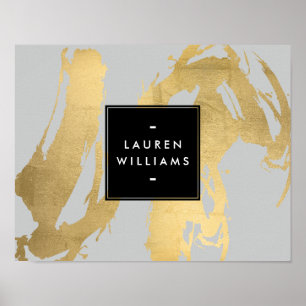 Abstract Faux Gold Brushstrokes on Gray Poster