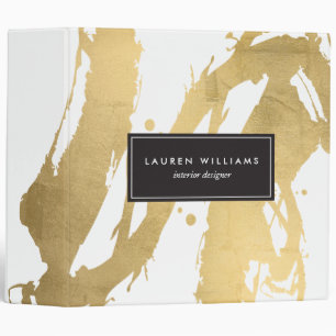 Abstract Faux Gold Brushstrokes on White II 3 Ring Binder