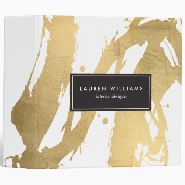 Abstract Faux Gold Brushstrokes on White II 3 Ring Binder (Front/Spine)