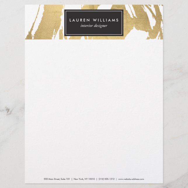 Abstract Faux Gold Brushstrokes on White II Letterhead (Front)