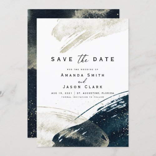 Abstract Faux Gold Navy Watercolor Save the Date Invitation