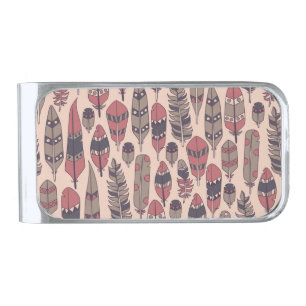 Abstract feathers: colorful vintage background. silver finish money clip