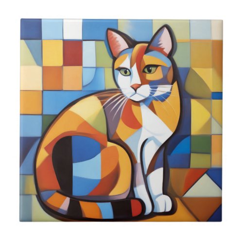 Abstract Feline Beauty Calico Cat Cubist Ceramic Tile