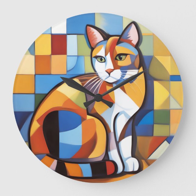 Abstract Feline Beauty Calico Cat Cubist Large Clock (Front)