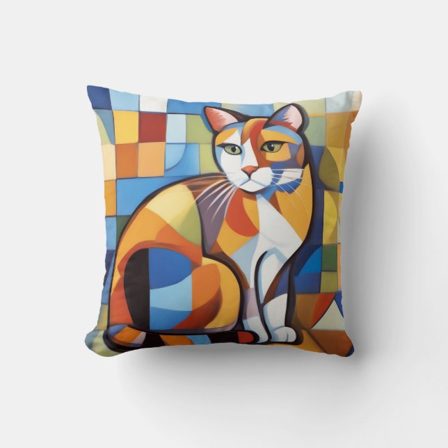 Abstract Feline Beauty Calico Cat Cubist Throw Pillow (Front)
