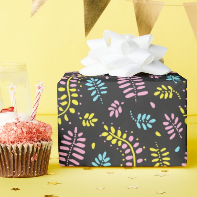 Abstract Ferns-yellow, pink and blue on dark gray Wrapping Paper (Birthday Party)
