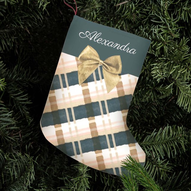 Abstract Festive Green Pink Gold Bow Personalized  Small Christmas Stocking (Creator Uploaded)