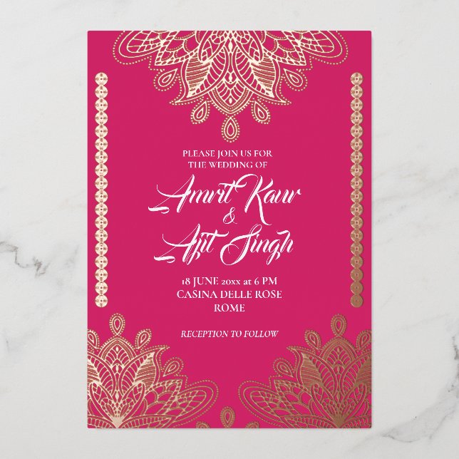 Abstract Filigree on Fuchsia Foil Invitation (Front)