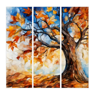 Abstract Fine Stained Glass Tree in Autumn/Fall  Triptych