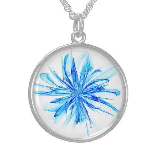 Abstract Fire Flower on White _ Blue Sterling Silver Necklace