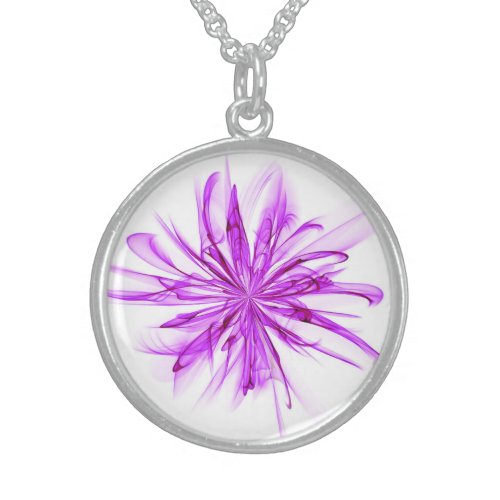 Abstract Fire Flower on White _ Purple  Sterling Silver Necklace