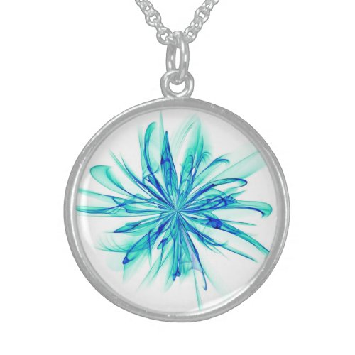 Abstract Fire Flower on White _ Teal Sterling Silver Necklace