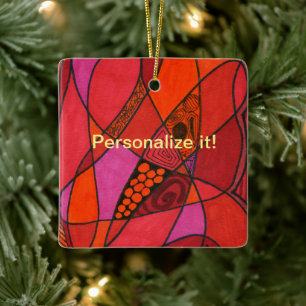Abstract fish in shades of reds pink and orange sq ceramic ornament