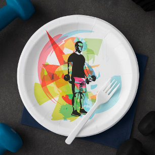 Abstract Fitness Art of Man Lifting Dumbbells Paper Plates