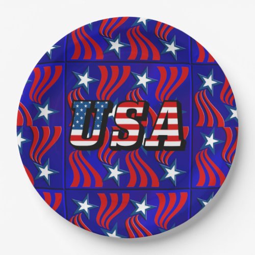 Abstract Flag Pattern with USA Text Paper Plates