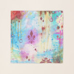 Abstract Fleur de Lis Colorful Blue Yellow Pink Scarf<br><div class="desc">This fun chiffon scarf is designed using my original mixed media abstract art featuring aqua blue,  bright pink,  yellow and copper with lots of paint splatters and drips,  and marks like circle,  lines,  and fleur de lis and will make a fun,  artistic accent to your wardrobe.</div>