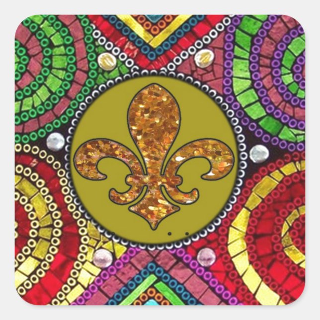 Abstract Fleur De Lis Tile mosaic Colorful Square Sticker (Front)