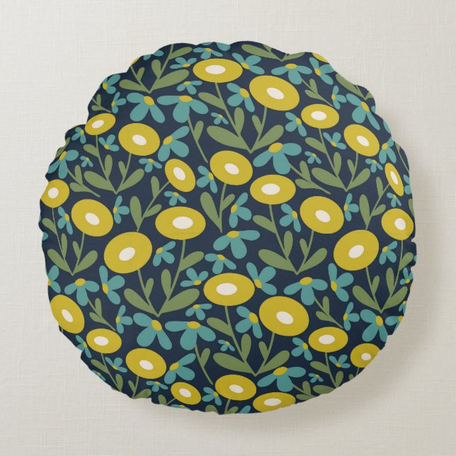 Abstract Flora Sea Blue Round Pillow (Front)