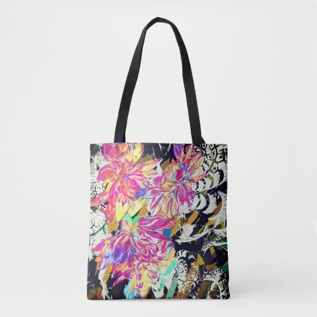 Abstract floral and animal pattern black pink  tote bag (Front)