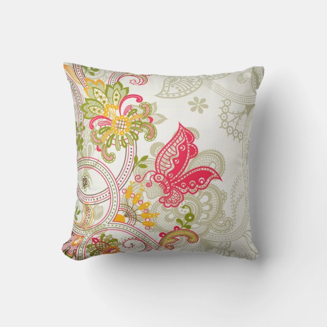 Abstract Floral and Butterfly Throw Pillow (Front)