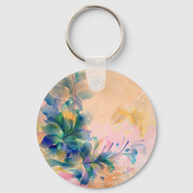 Abstract Floral Background Blue And Beige Keychain (Front)