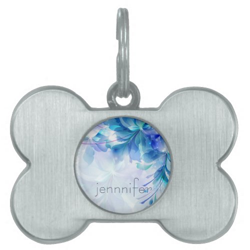 Abstract Floral Background Blue And White Monogram Pet Name Tag