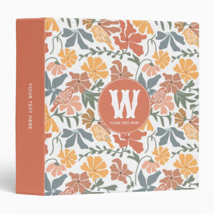 Abstract Floral Birds Mid Century Modern Monogram 3 Ring Binder