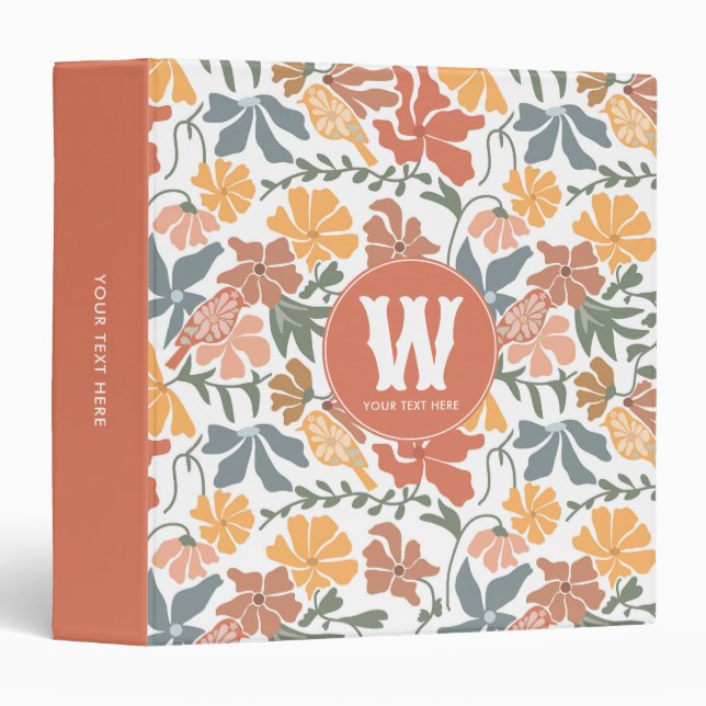 Abstract Floral Birds Mid Century Modern Monogram 3 Ring Binder (Front/Spine)